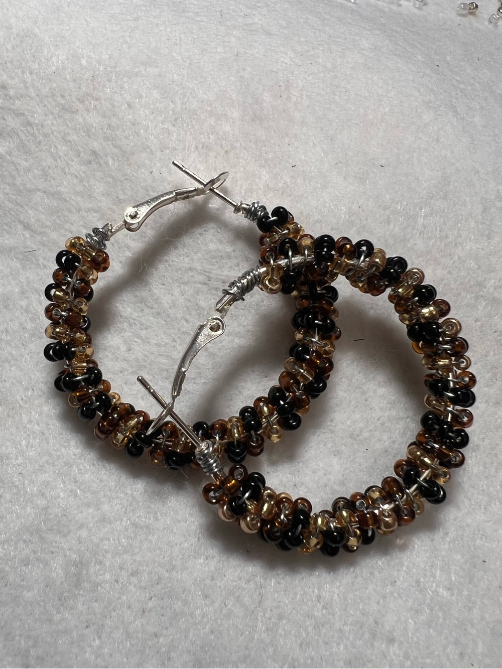 Handmade Wire Wrapped Seed Bead Hoop Earrings Stainless Steel Black Amber Gold